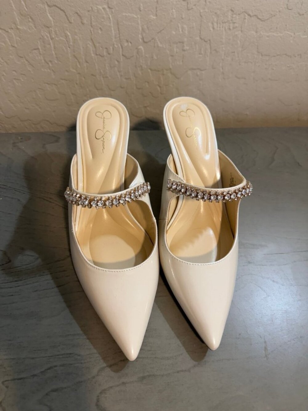 Jessica Simpson Women's White Pointed Toe Mules with Rhinestone